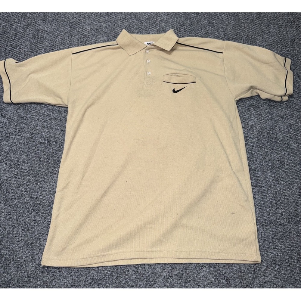 Nike Airliner Beige Short Sleeve Button Collared Polo Shirt Logo Pocket L‎